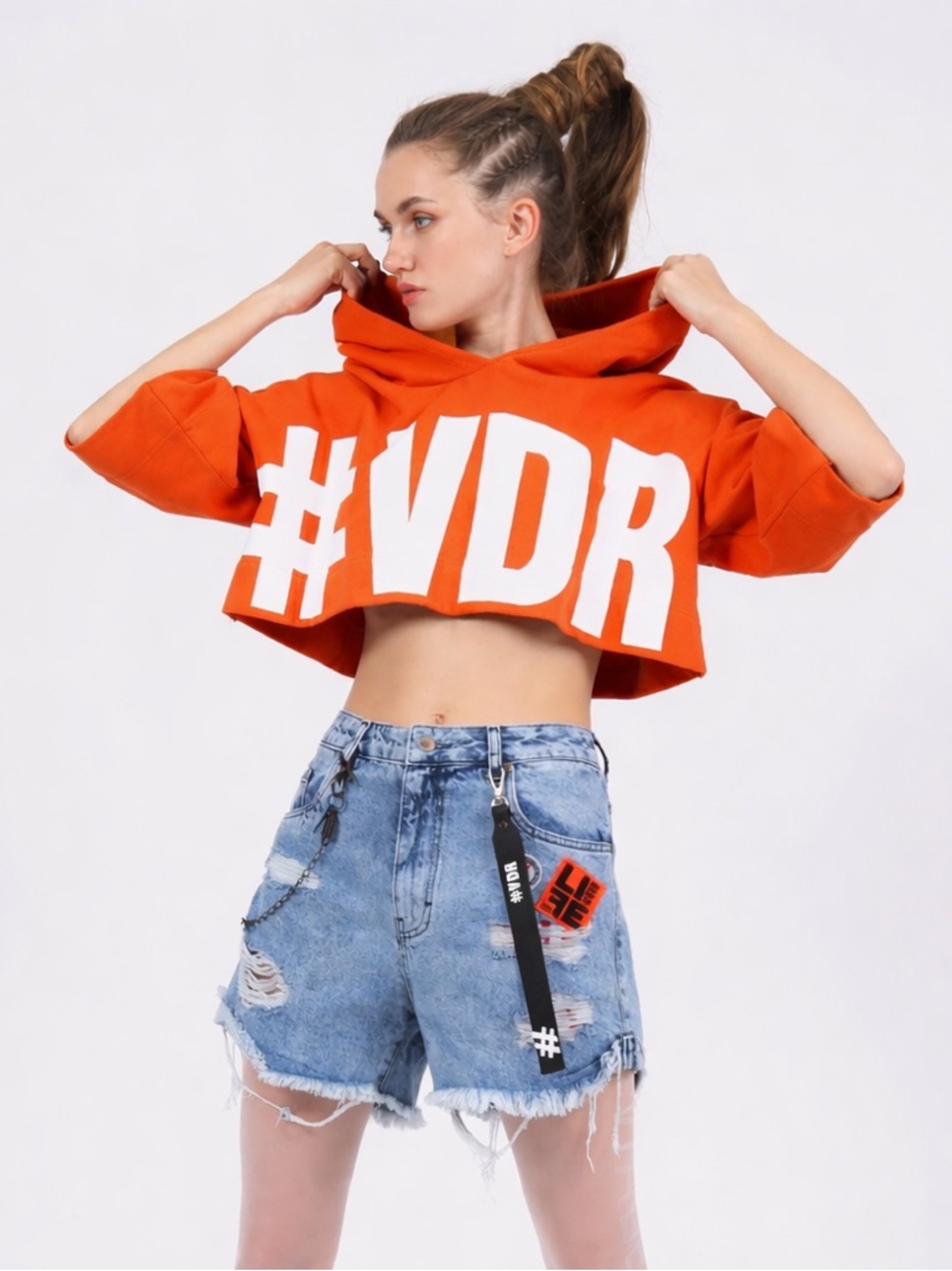 Viadel #VDH cropped pullover hoodie in orange with a white graphic print size S